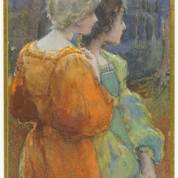 A watercolour depicting two women facing right, one wearing an orange gown and the other a green one, in a woodland setting. Signed with the artist's monogram at bottom left. 
The same figures are found in a pastel held by the Royal Cornwall Mus