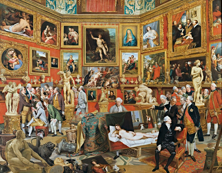 In the summer of 1772 Zoffany set off for Florence with £300, letters of introduction and a commission from the Queen to paint highlights of the Grand Duke of Tuscany's collection shown within the Tribuna of the Uffizi Palace. The inspiration for th