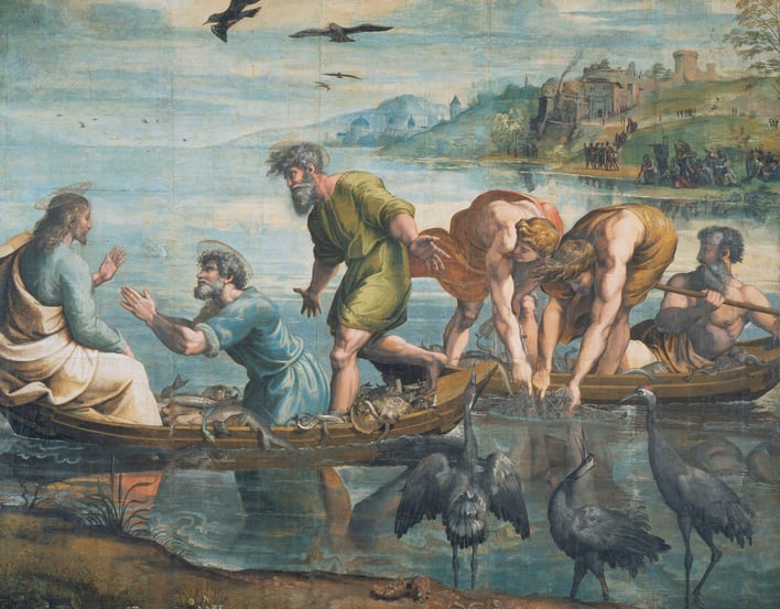 A full-scale drawing, known as a cartoon, for the tapestry of The Miraculous Draft of Fishes, commissioned by Pope Leo X for the Sistine Chapel. The cartoon shows two boats on the water. On the left Christ is seated, with the Apostles Peter and Andrew in 
