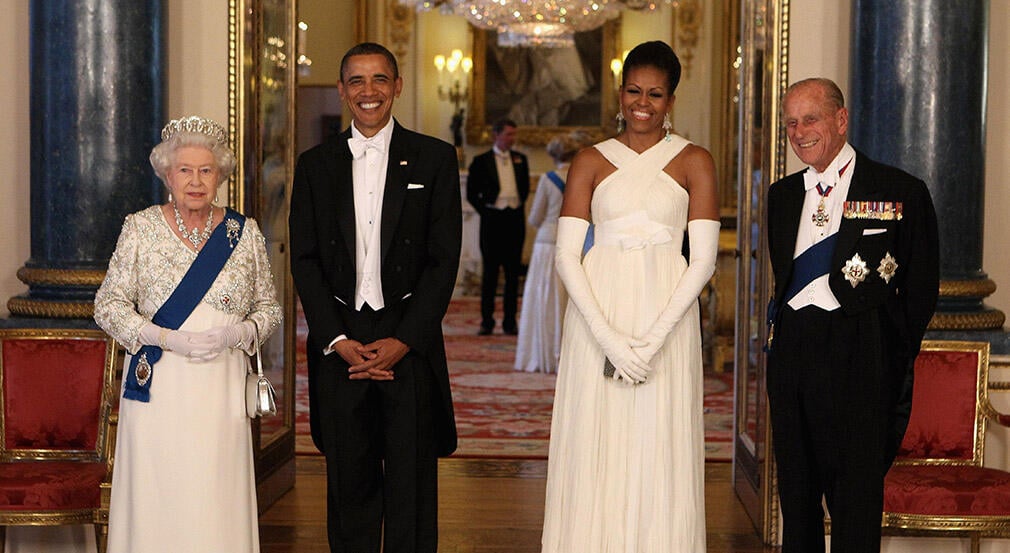 Queen Elizabeth II and Prince Philip, Duke of Edinburgh with U.S. President Barack Obama and First Lady Michelle Obama in Buckingham Palace.