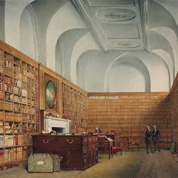 Although this view has previously been identified with the first of the library rooms - the Great or West Library - contemporary plans demonstrate that the room shown here can only be the East Library, added in 1772-3 parallel to the Great Library. In 177