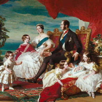 In this well-known picture Queen Victoria is skilfully depicted as both sovereign and mother. The scene is one of domestic harmony, peace and happiness, albeit with many allusions to royal status: grandeur in the form of jewels and furniture, tradition (t