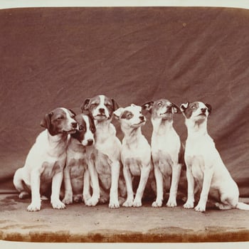 Photograph of some of Queen Victoria's pet dogs, all small terriers. They are sitting in a line with a cloth draped behind. The dogs are Wat, Dot, Teazer, Slip, Fly and Nip. Details about their paternity are recorded in the album.