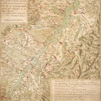A map of the Allied and French encampments and marches along the Rhine between 27 April and 27 July 1710. War of the Spanish Succession (1701-14). Oriented with north to top. 
The map covers an area extending along the Rhine from Ketsch (49°22'04