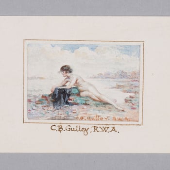 Catherine Gulley’s watercolour of a nude bather appears a little uncomfortable and chilled as she reclines awkwardly on the cold rocks of a British beach. It is likely that this miniature watercolour was based upon a life drawing, scaled-down and tr