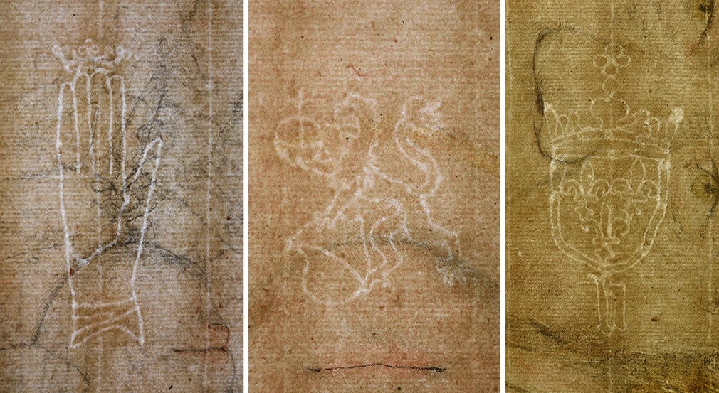 Close up details of 3 watermarks.They are a hand, a lion, and a heraldic shield.