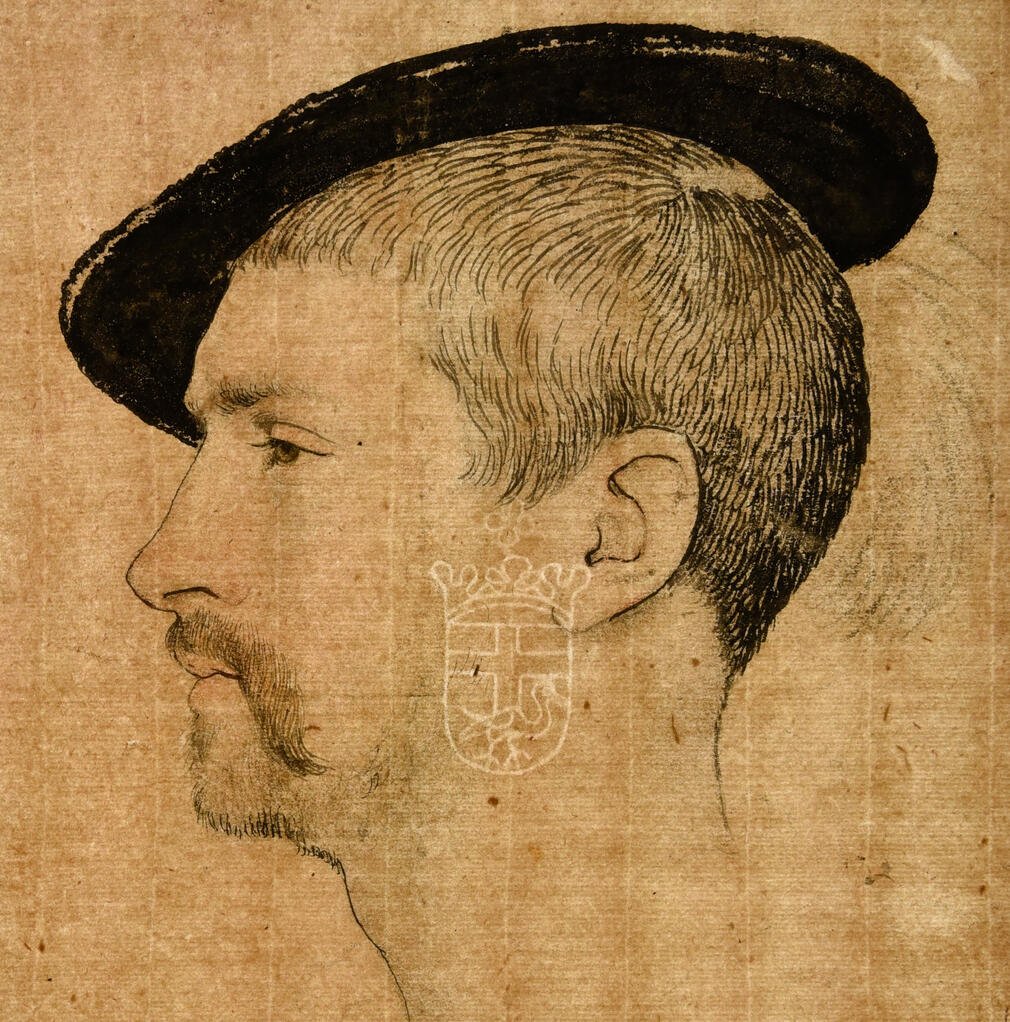 A drawing of a man's face in side profile.