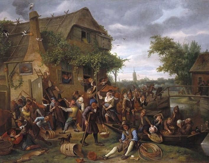 Painting of A Village Revel by Jan Steen showing a grouping of people having a party outside a building