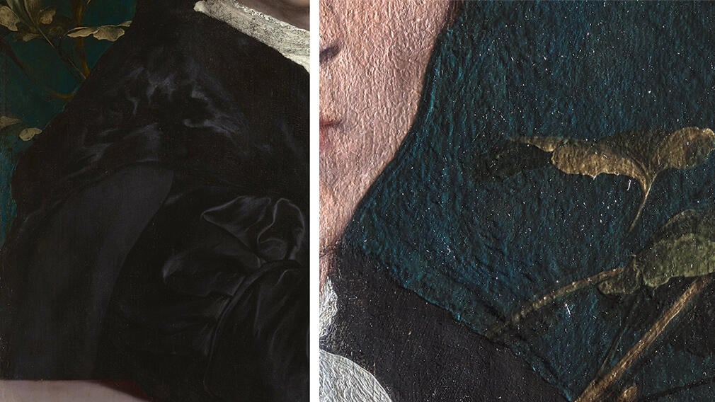 Left: Detail of the black sleeve and fur Right: The two thick layers of azurite