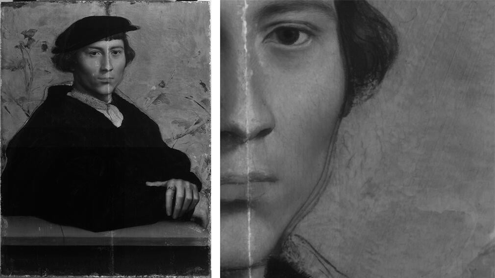 Black and white infrared images of a Tudor man wearing a black hat. Close up of the face shows variety of lines around the jawline.