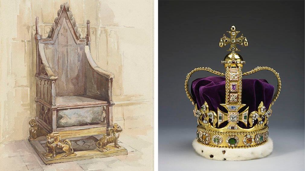 Painting of high backed wooden chair on the left and image of a gold crown on the right 