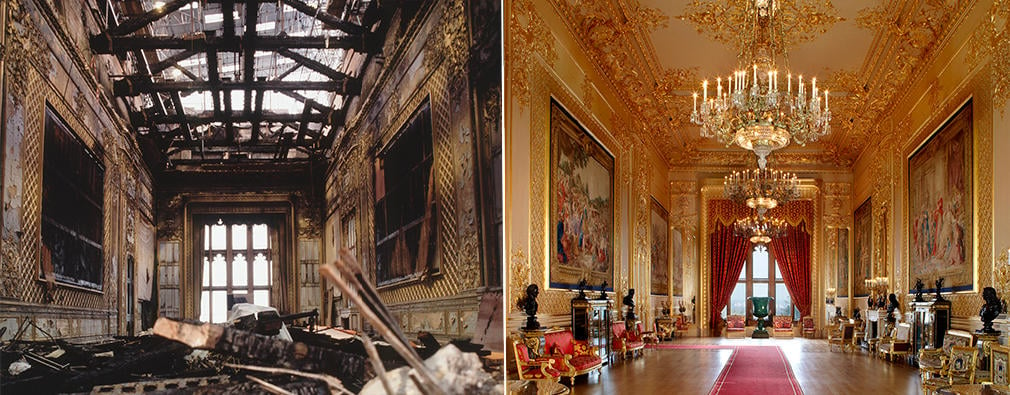 The Grand Reception Room before and after restoration.