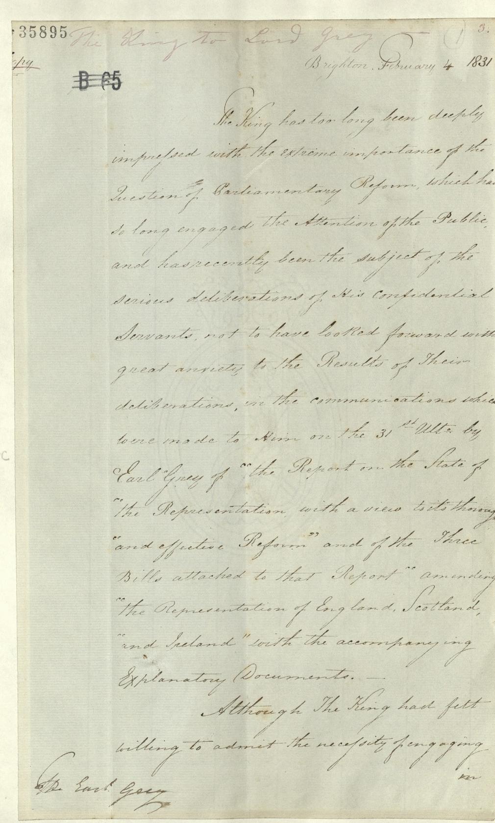 Letter from William IV to Lord Grey, 1831
