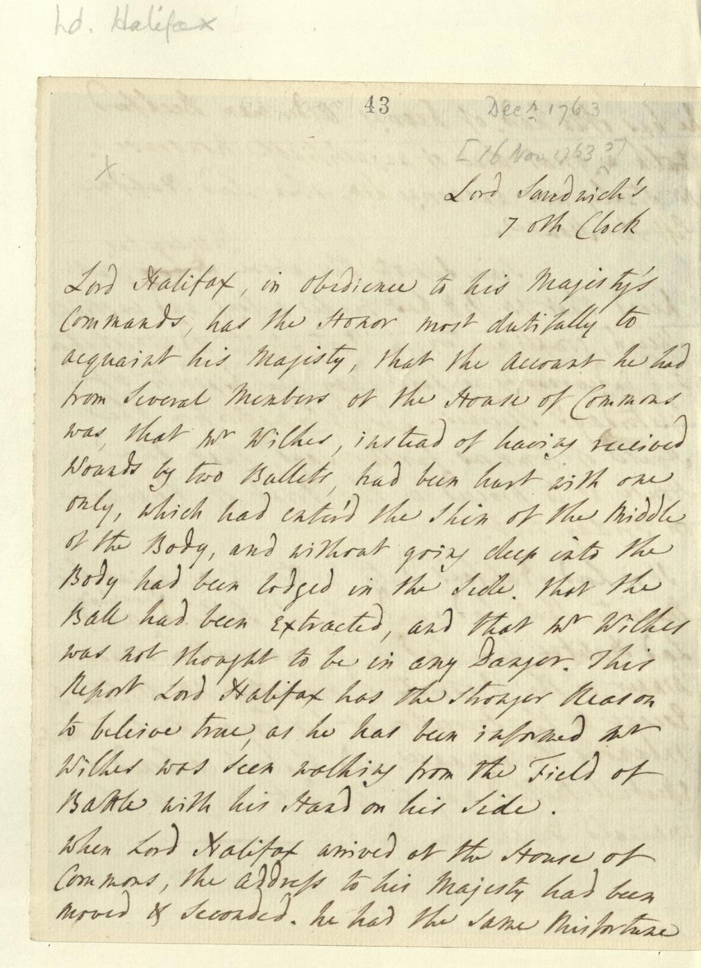 Letter from Lord Halifax to George III about John Wilkes