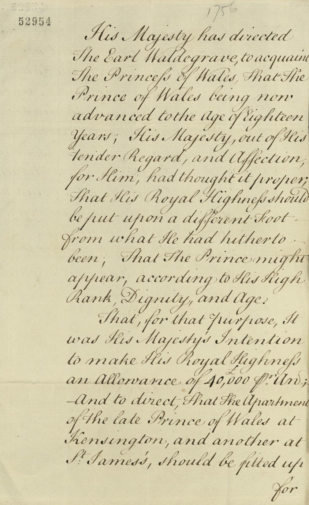 Manuscript letter dated 1756