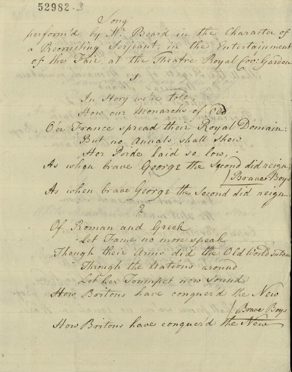 Manuscript document, song performed by Mr Beard