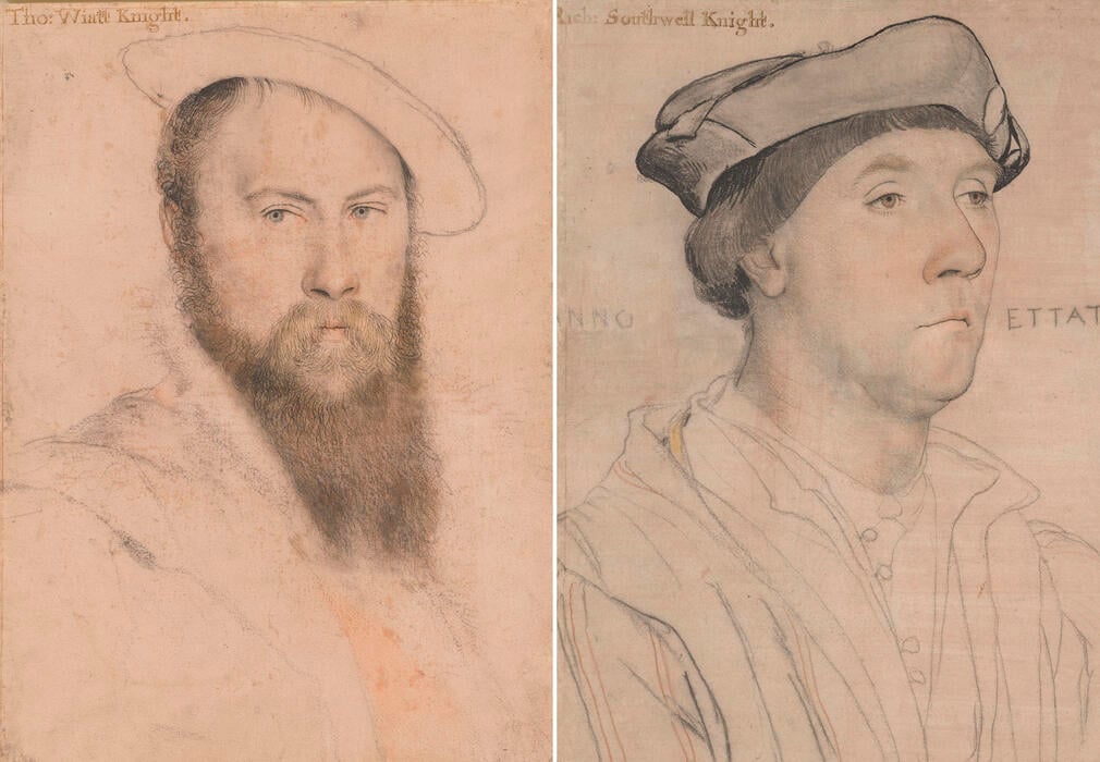 drawings of two men heads and shoulders.The man of the left has a long beard and the man on the right wears a hat.