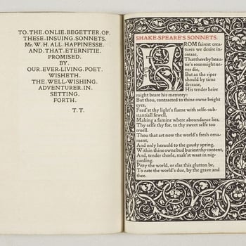 Amongst the more modern holdings of Shakespeare’s works in the Royal Library is this Kelmscott Press edition of the poems and sonnets. The Kelmscott Press, run by the arts-and-crafts designer William Morris (1834–96), aimed to produce printed 