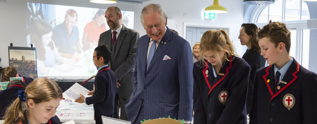 The King visits a school workshop in the Pug Yard Learning Centre