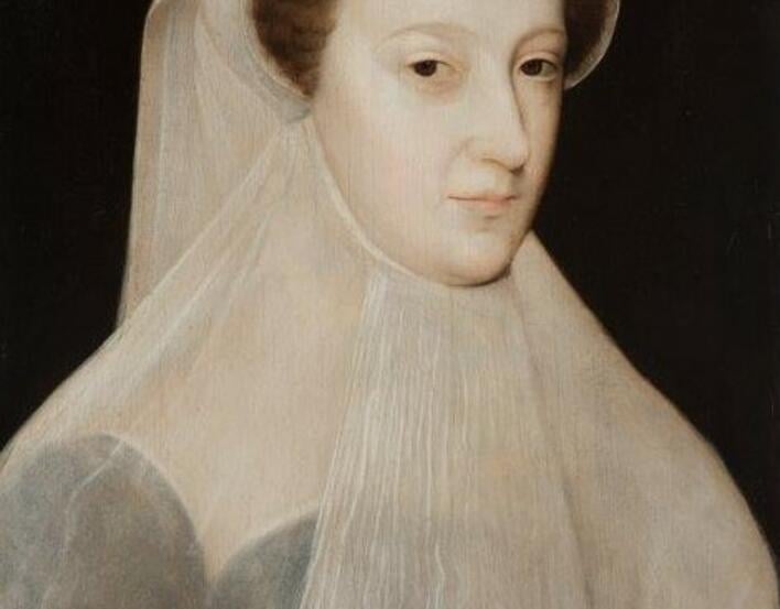 Head and shoulders portrait of Mary, Queen of Scots wearing white veil