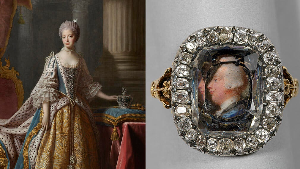 Queen Charlotte in her coronation outfit including her robes. A crown sits on a table next to her (left picture). A diamond ring with a picture of George III underneath a flat diamond (right picture).