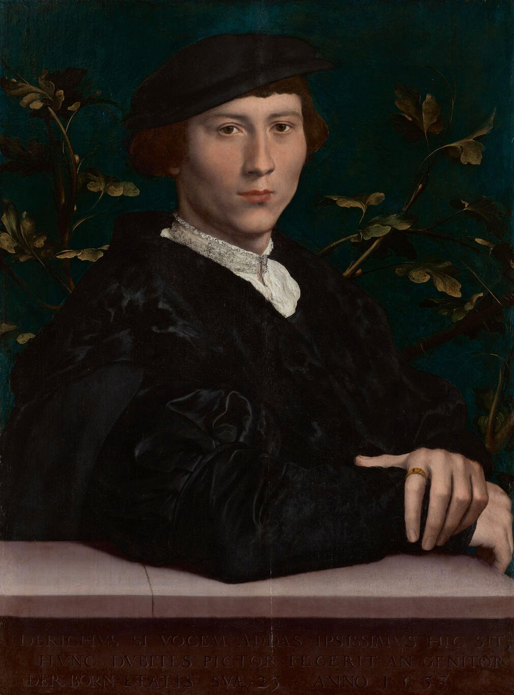 Painting of a Tudor man wearing a black hat. He is sitting facing the viewer and crossing his hands.