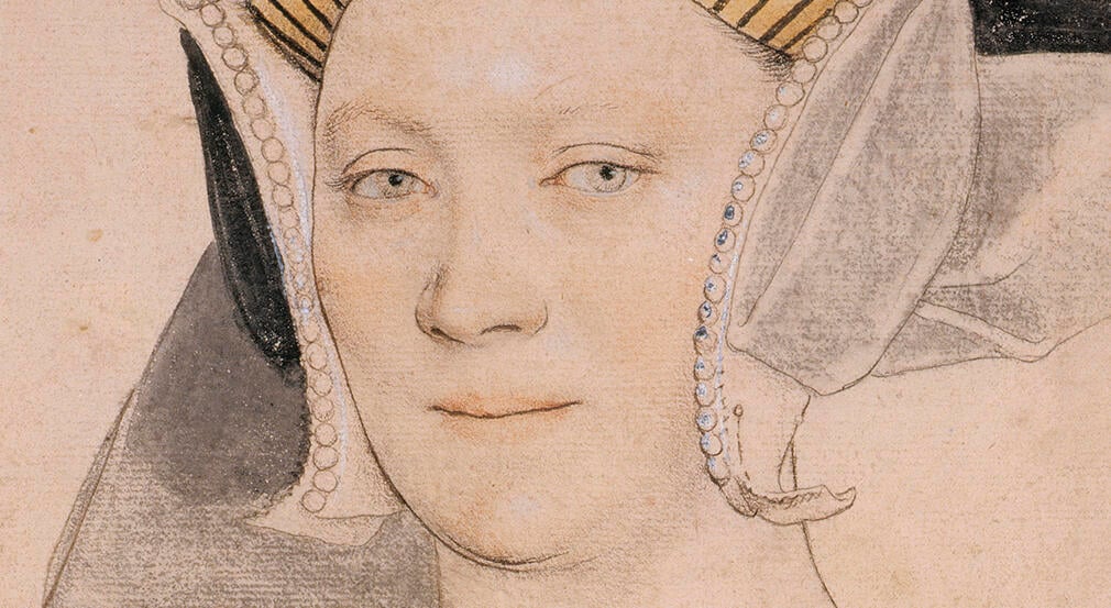 A drawing of a woman's face looking directly at the viewer. She has blue eyes and a Tudor headdress.