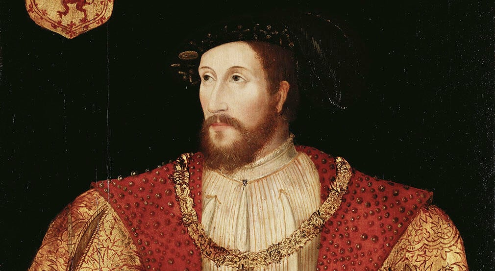 Image of James V of Scotland wearing red and gold clothing and a black hat.