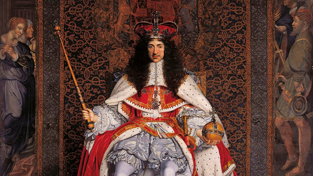 Painting of Charles II seated on throne