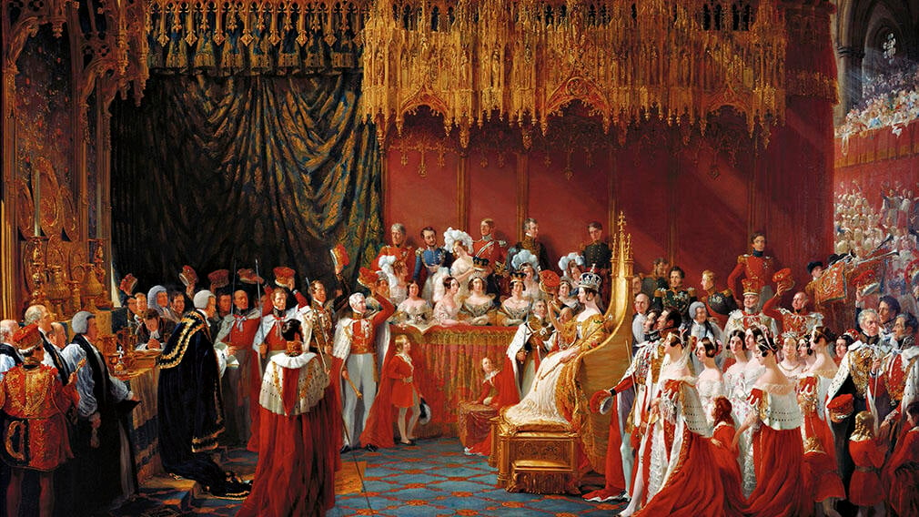 Painting of Queen Victoria in Westminster Abbey. She is seated on a chair wearing a crown as people in the Abbey look at her.