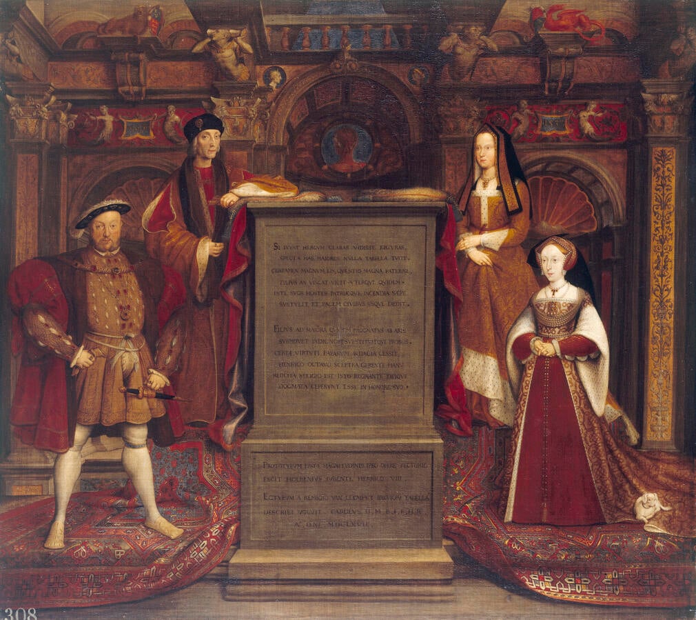 A painting of 4 people standing in a richly decorated Renaissance interior.