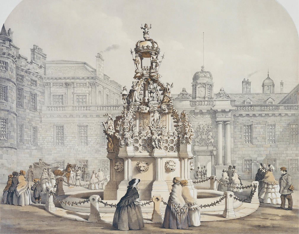 A watercolour showing members of the public gathered around the new fountain in the Forecourt.