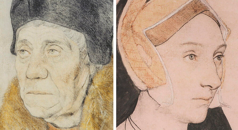 Two drawings. One of a older man wearing a black hat facing left and a woman wearing a Tudor headress. 