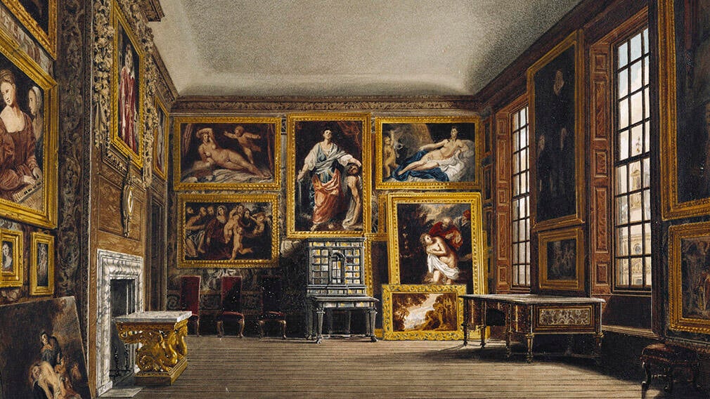 A painting of a room ornately decorated with paintings and furniture.