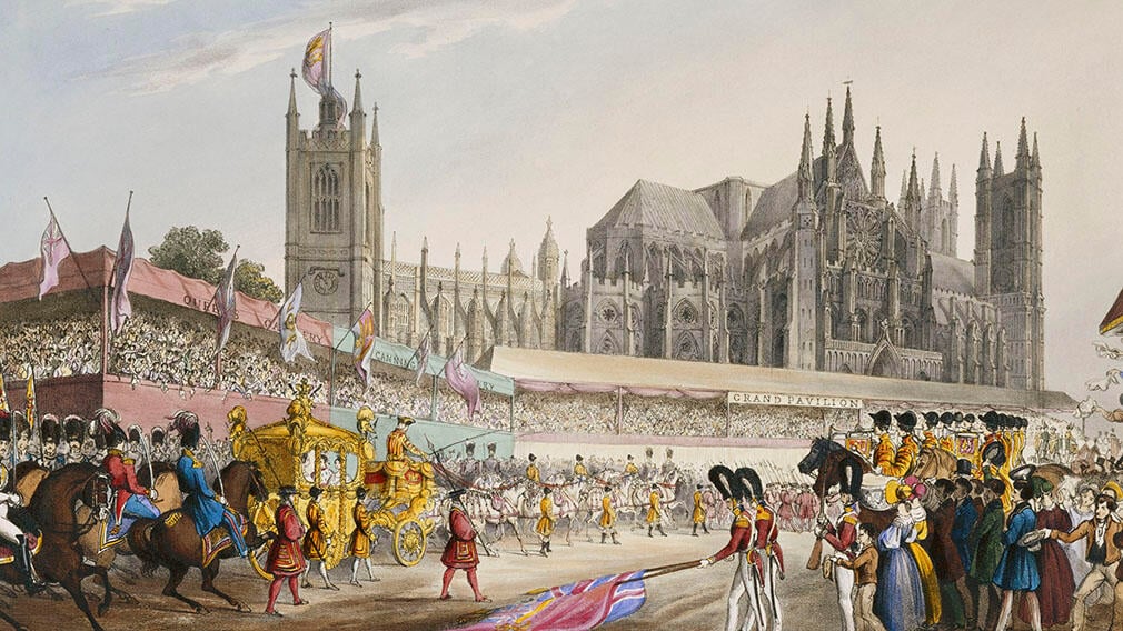 A drawing of a gold coach with Westminster Abbey in the background. Crowds line the street and fill bandstands.