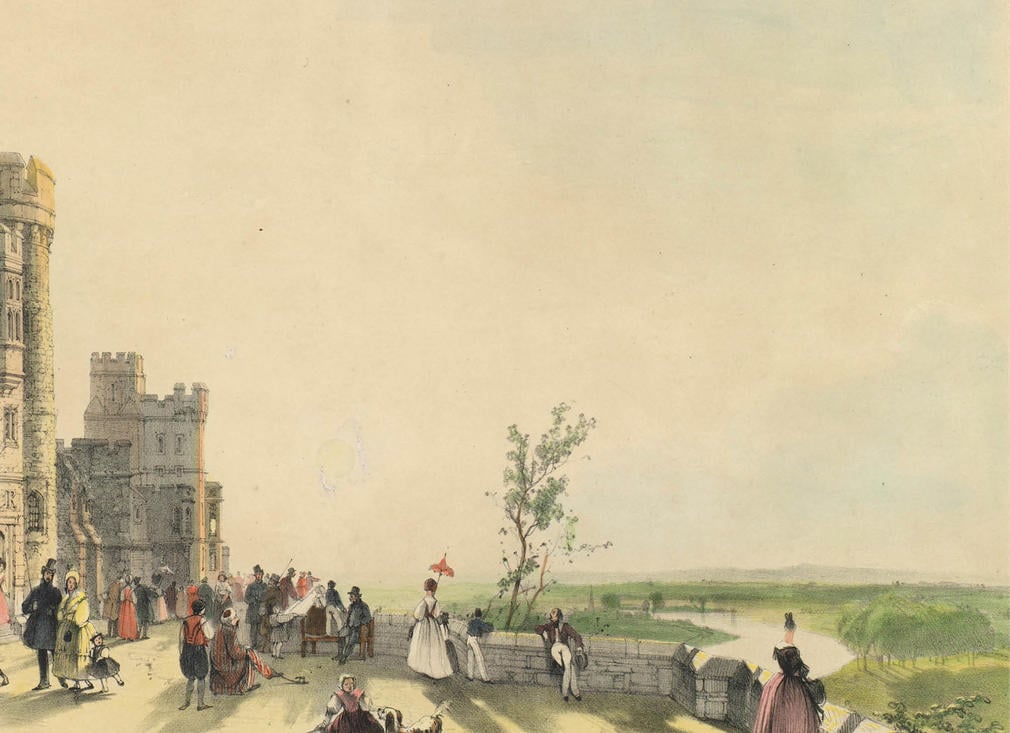 Visitors are shown strolling along the North Terrace in this 19th-century watercolour.