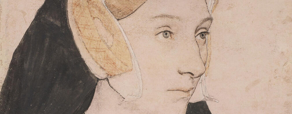 Drawing of a woman wearing a Tudor hat.