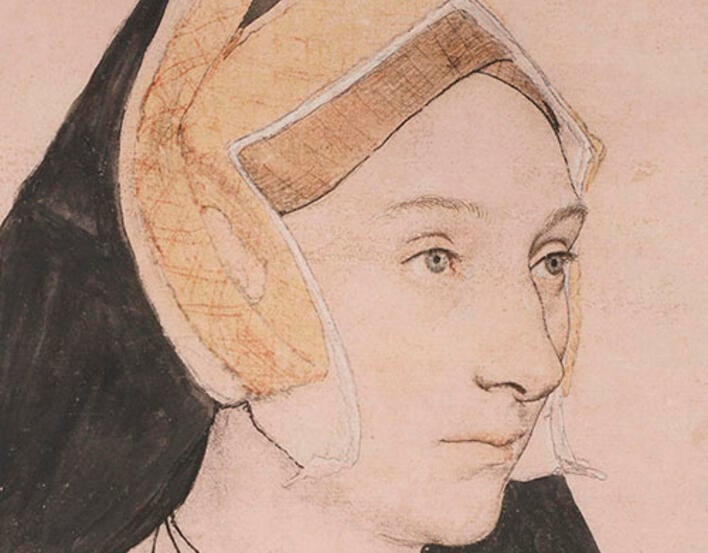 Drawing of a woman wearing a Tudor hat.