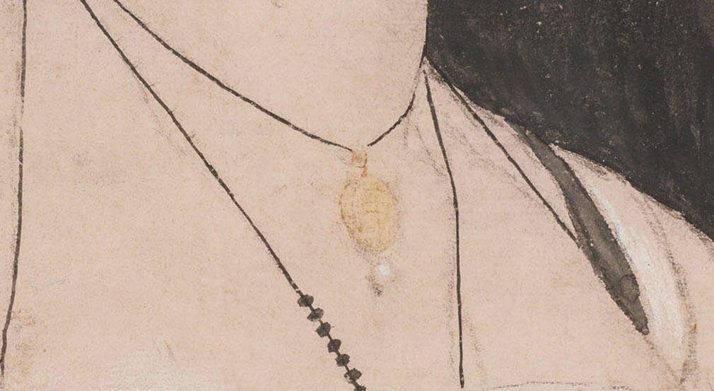 Drawing of a yellow pendant on a woman's neck.