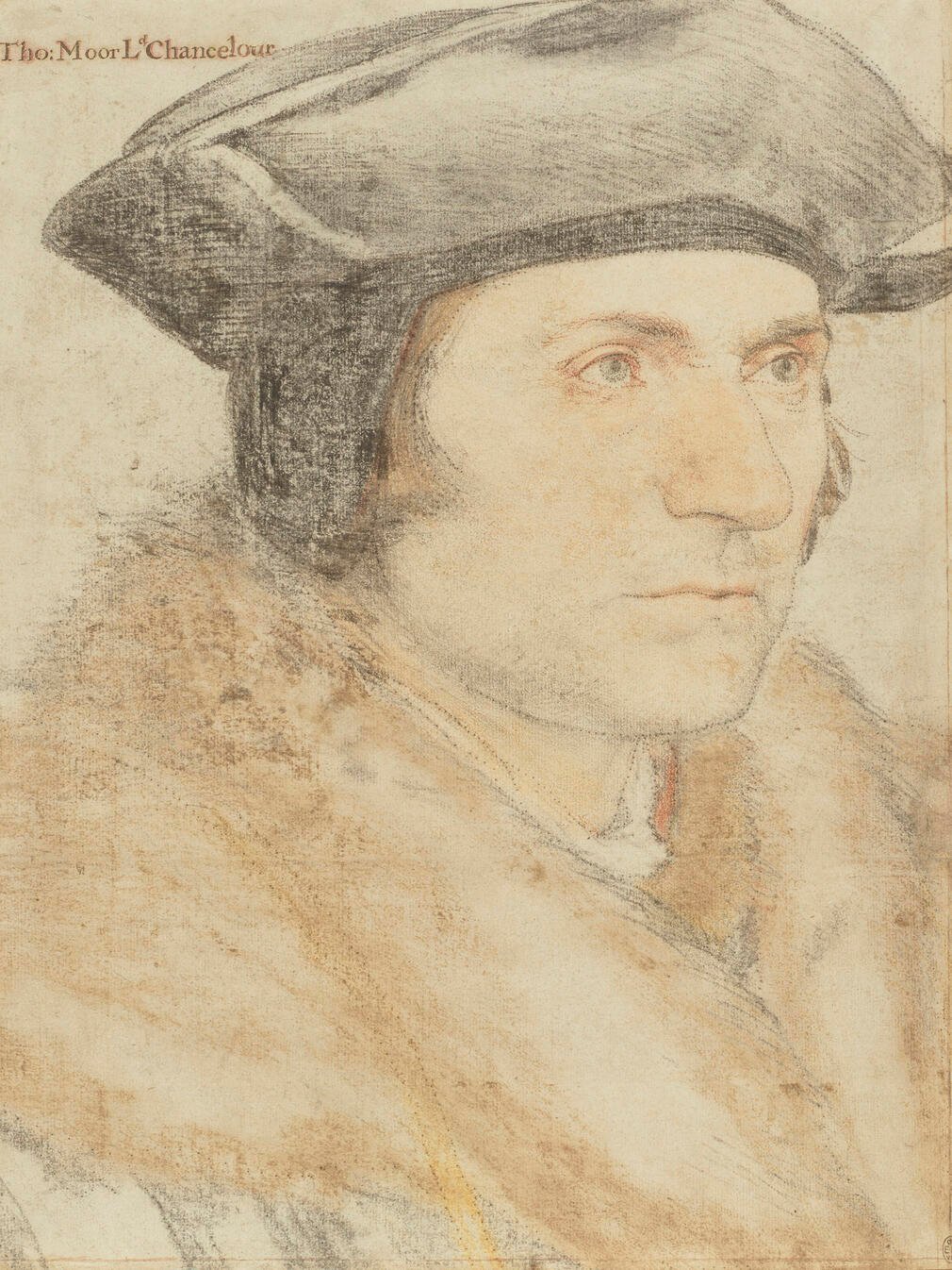 Drawing of a man wearing a black hat and a fur collar