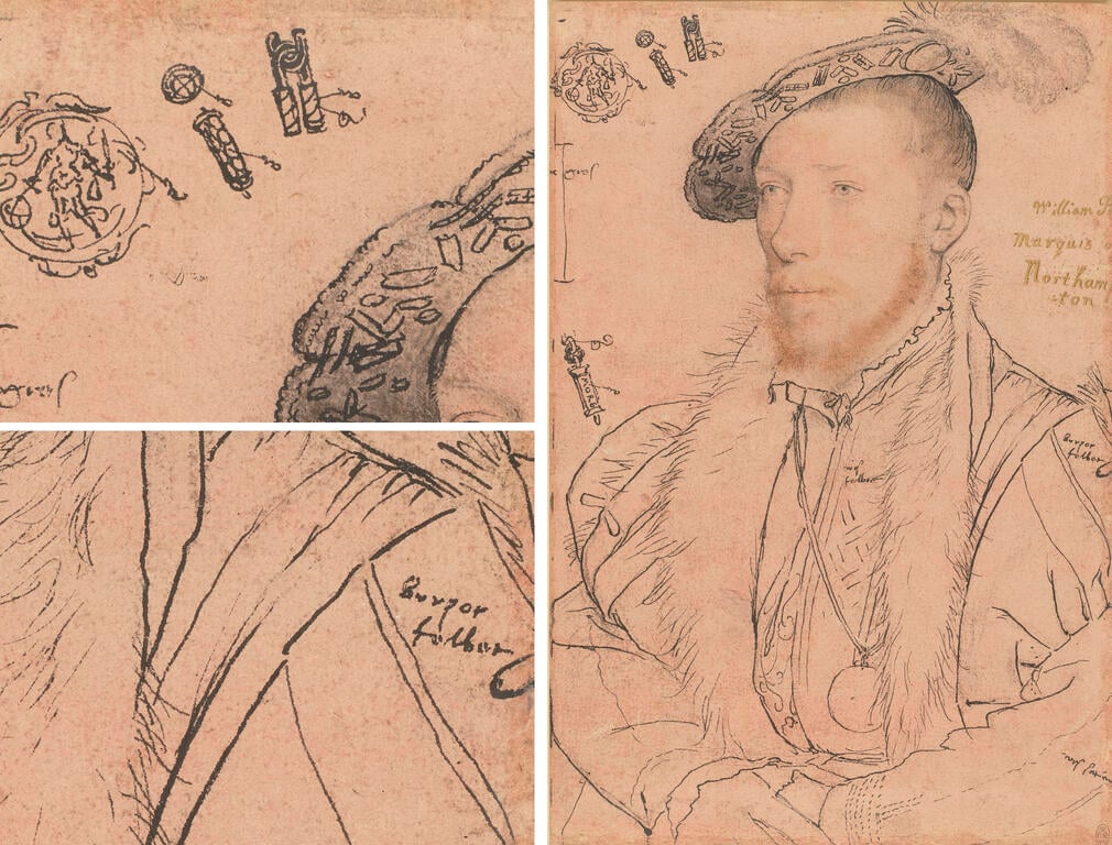 A drawing of a man with written text and details of jewellery.