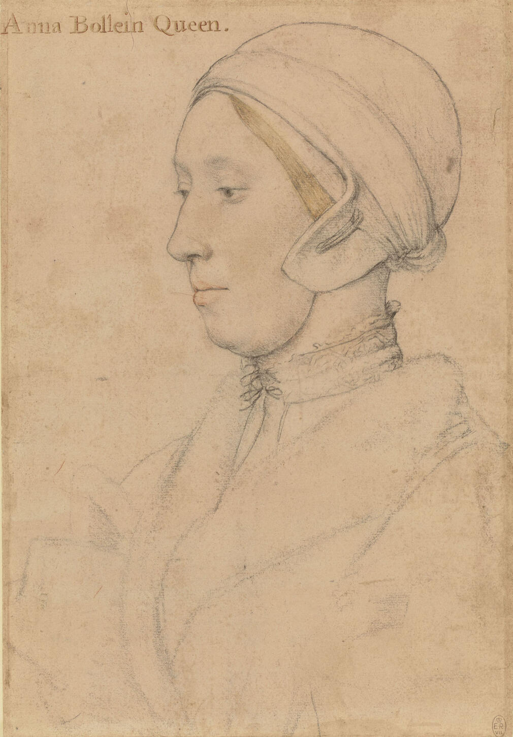 Drawing of a woman in profile. She wears a informal nightgown lined with fur and linen undercap.