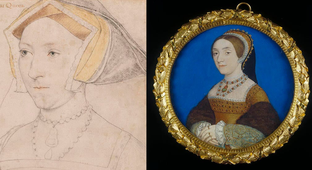 Left: A painting of a woman wearing a brown Tudor dress. Right: A drawing of a woman in profile wearing a Tudor style hat. 