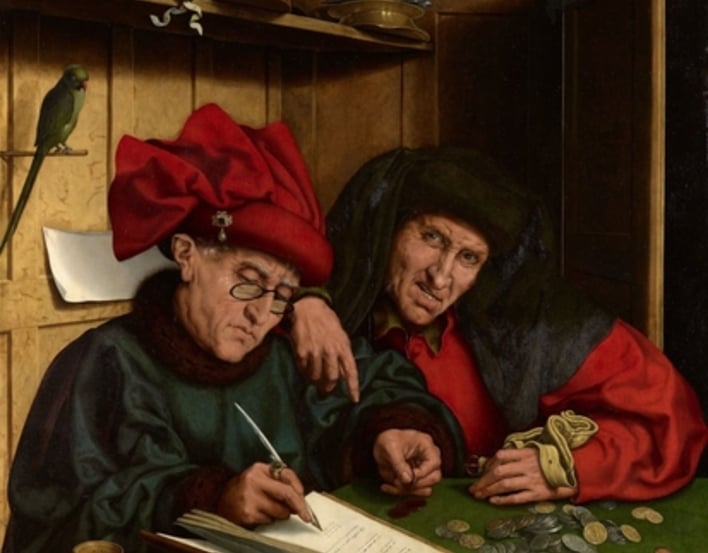 Image of the painting 'The Misers' - two grumpy looking men count money together