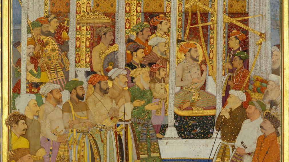 A page from The Padshahnama entitled 'The weighing of Shah-Jahan on his forty-second lunar birthday, 23 October 1632'